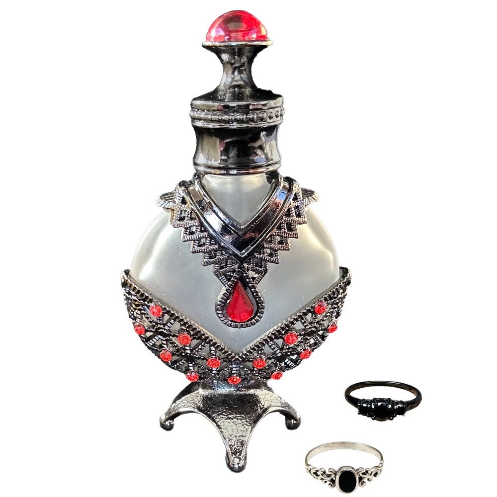 Grey and Red Perfume Bottle with Lid - Vintage Style Victorian Edwardian Goth